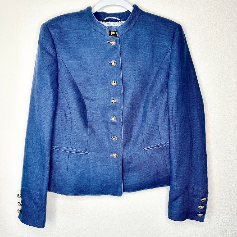 Loden Plankl Denim Blue Linen Band Neck Silver Decorative Buttons Blazer Jacket